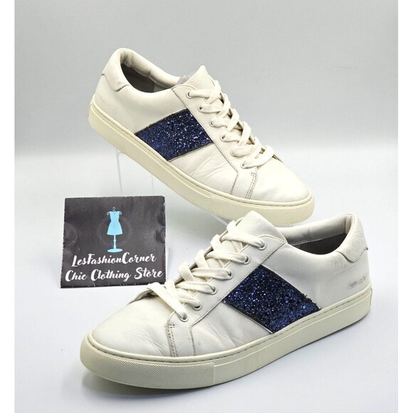 Tory Burch Women's White Leather Blue Glitter Carter Flat Sneakers Sz 11M 2661 - Picture 9 of 16